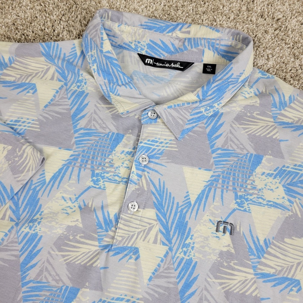 Travis Mathew Mens 2XL Blue Gray AOP Floral Performance Stretch Golf Polo SS
